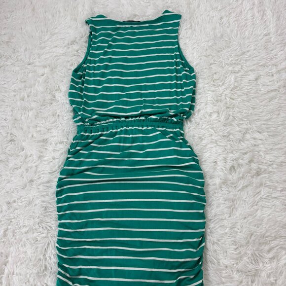 GIBSON Ruched Side Tank Dress Striped Teal Size XXS EUC - Picture 6 of 9